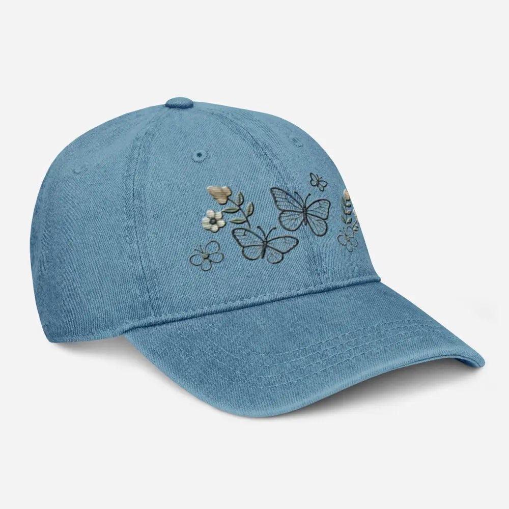 Beautiful embroidered floral butterfly denim cap for nature lovers