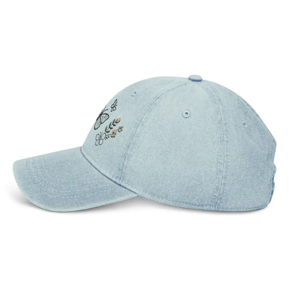 Beautiful embroidered floral butterfly denim cap for nature lovers