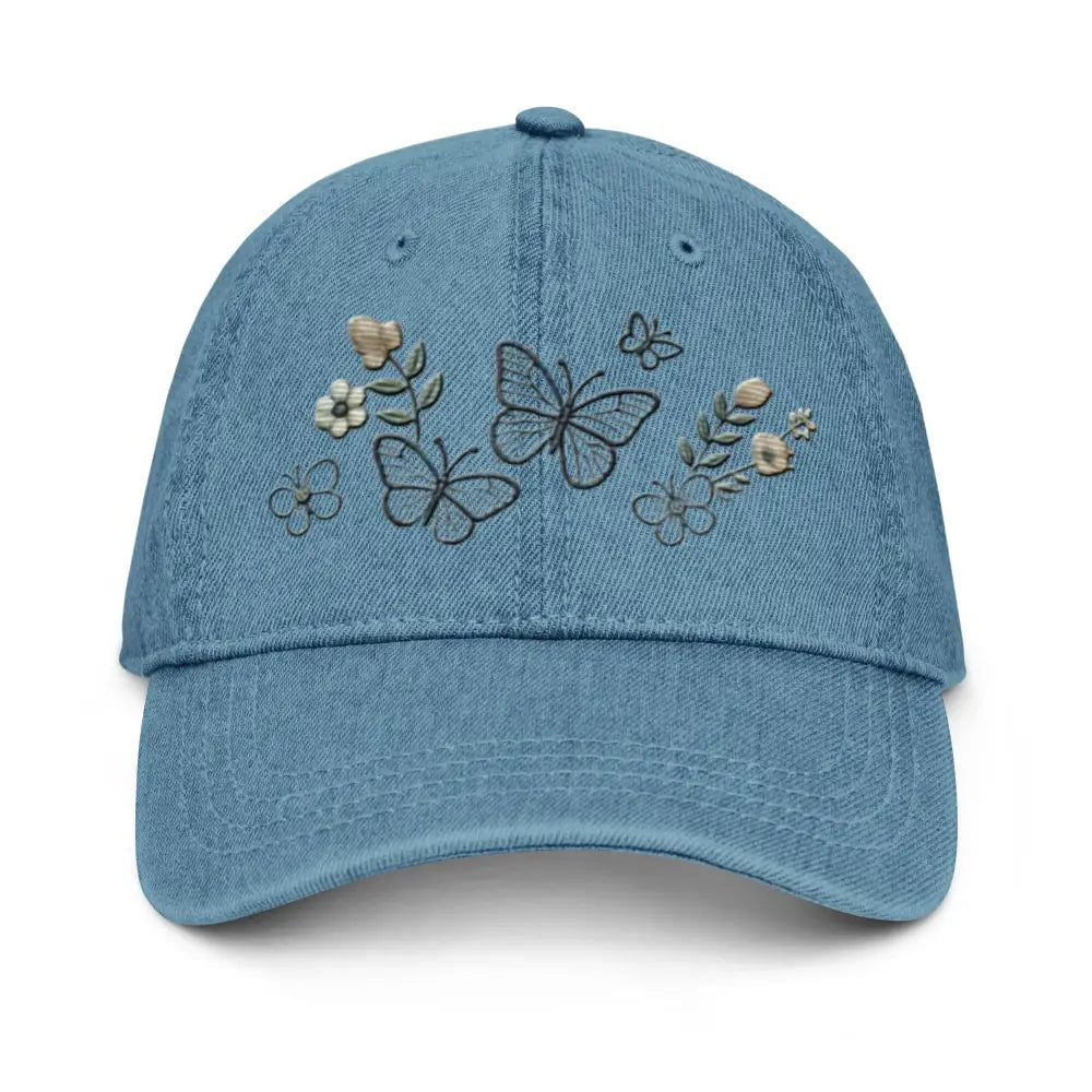 Beautiful embroidered floral butterfly denim cap for nature lovers