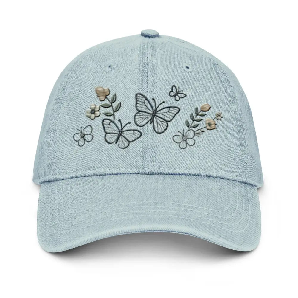 Beautiful embroidered floral butterfly denim cap for nature lovers