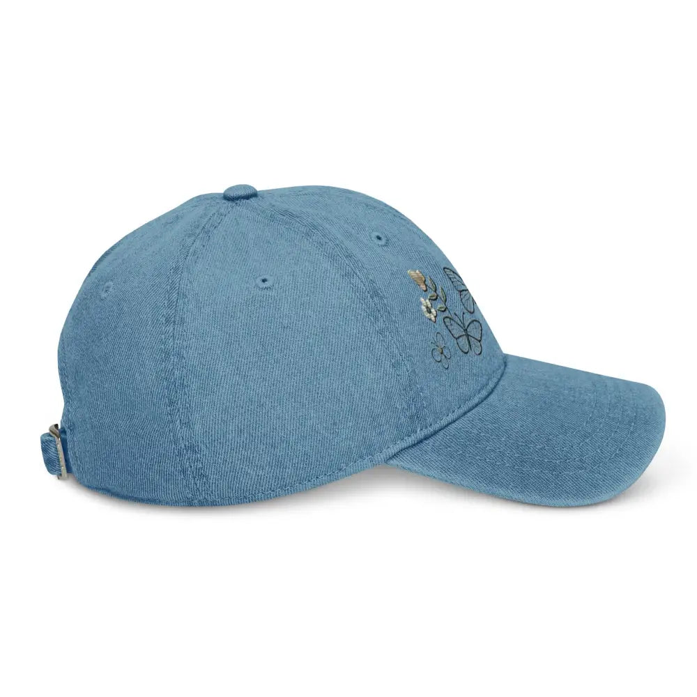 Beautiful embroidered floral butterfly denim cap for nature lovers