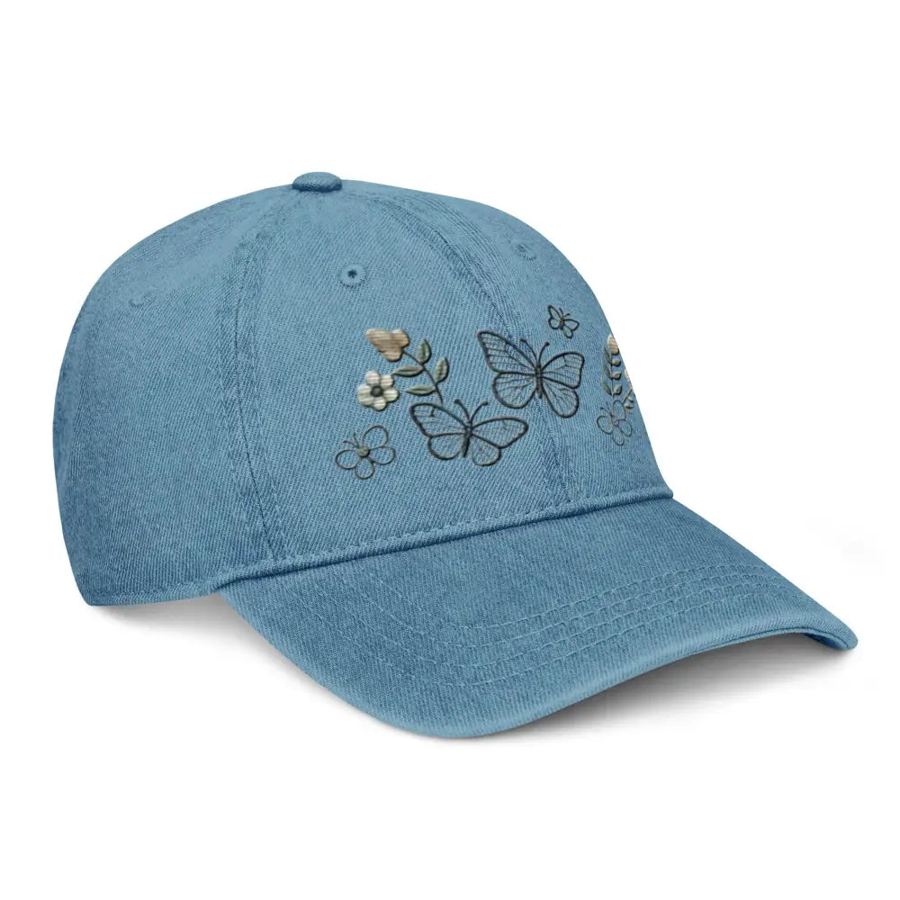 Beautiful embroidered floral butterfly denim cap for nature lovers