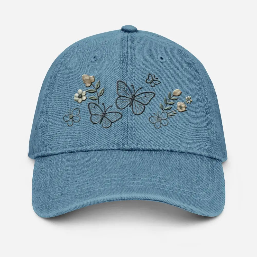 Beautiful embroidered floral butterfly denim cap for nature lovers