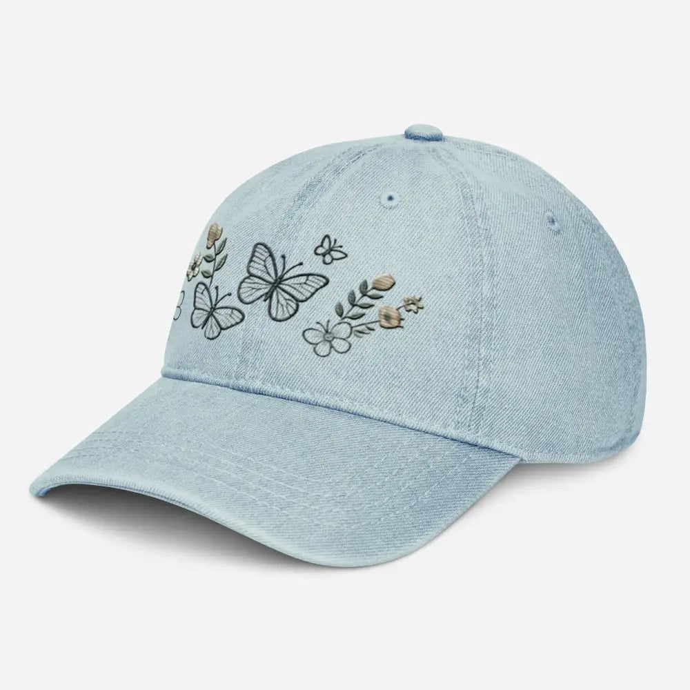 Beautiful embroidered floral butterfly denim cap for nature lovers
