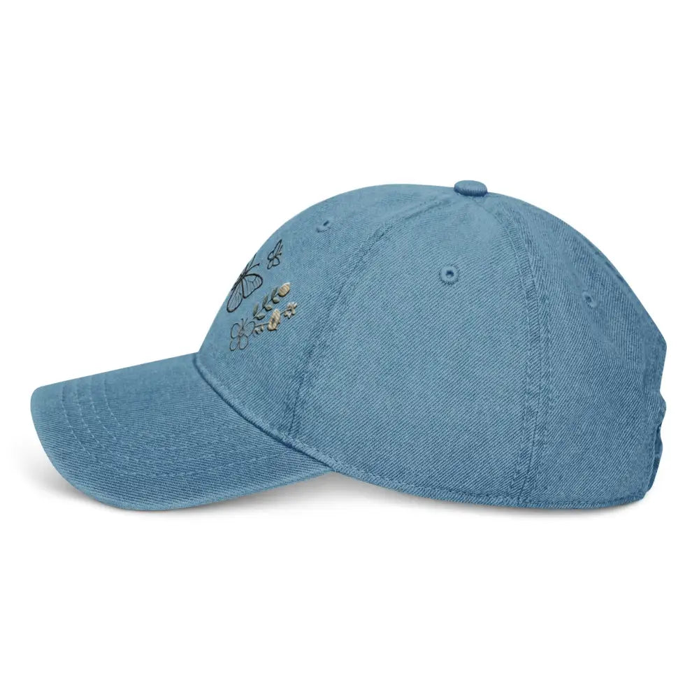Beautiful embroidered floral butterfly denim cap for nature lovers