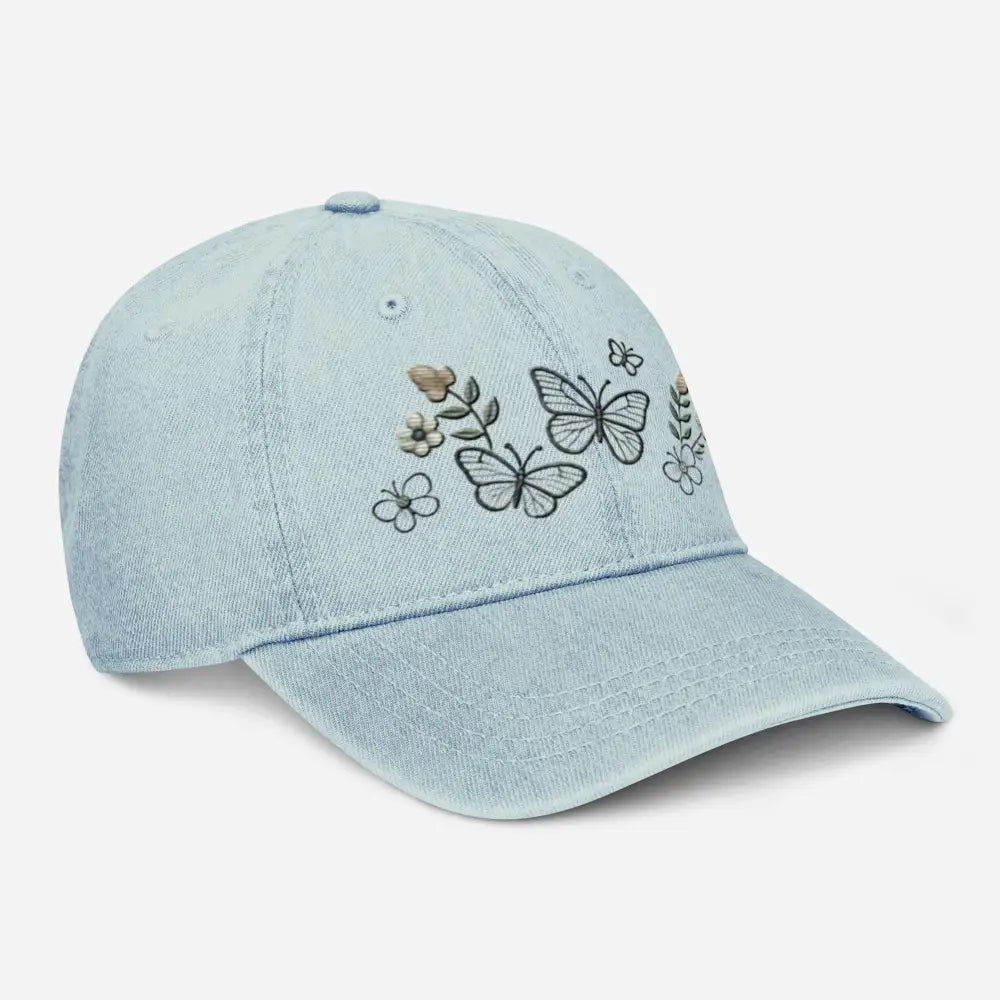 Beautiful embroidered floral butterfly denim cap for nature lovers