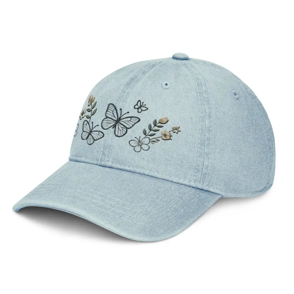 Beautiful embroidered floral butterfly denim cap for nature lovers