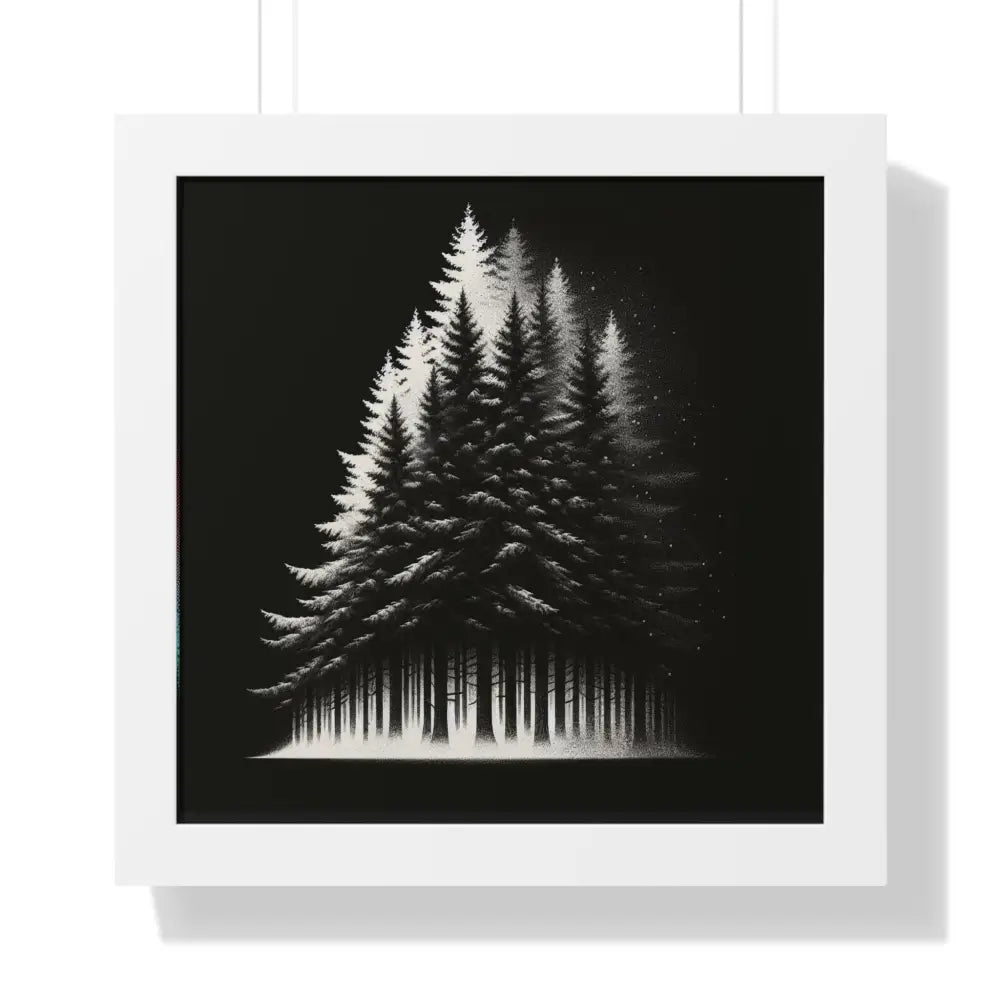 Beautiful forest framed vertical poster of stylized black and white pine trees