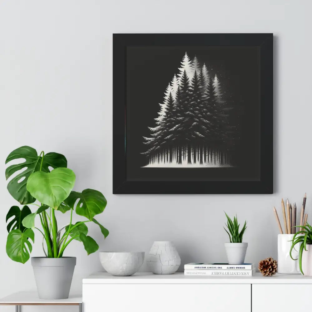 Beautiful forest framed vertical poster premium black and white pine trees
