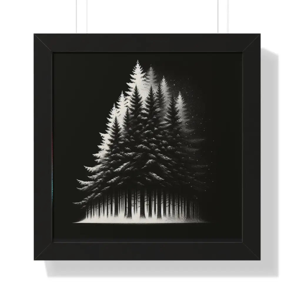Framed black and white vertical poster of beautiful forest pine trees