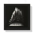 Framed black and white vertical poster of beautiful forest pine trees