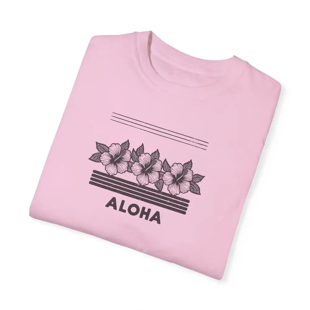 Beautiful hibiscus aloha garment-dyed unisex t-shirt with pink hibiscus flowers