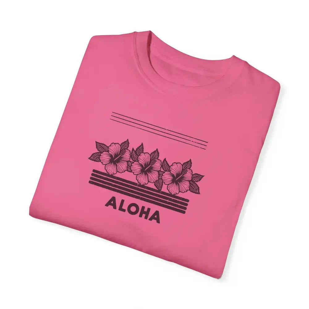 Beautiful Hibiscus Aloha Garment-Dyed Unisex T-Shirt with Pink Stripes