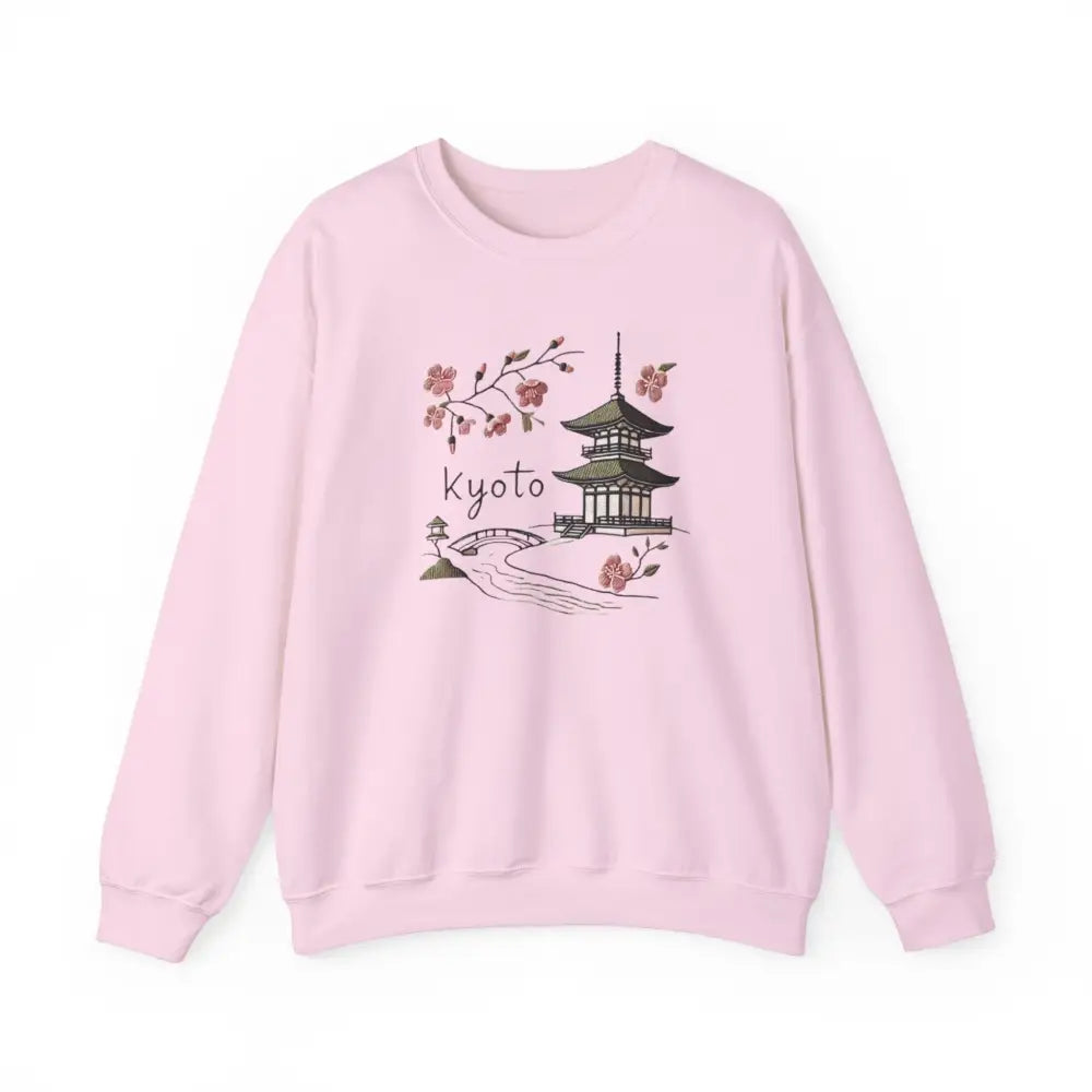 Beautiful Kyoto pagoda graphic on light pink crewneck sweatshirt