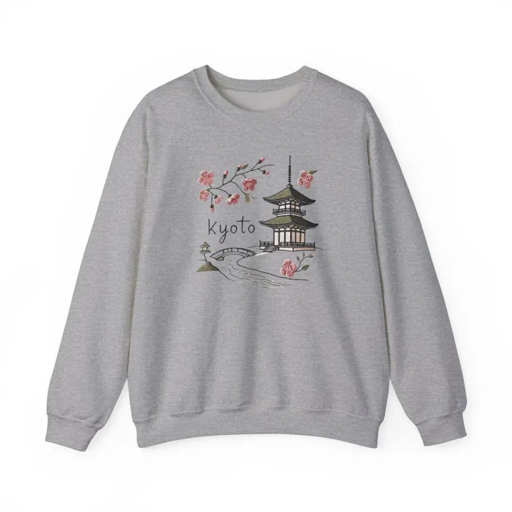 Beautiful Kyoto crewneck sweatshirt with gray embroidered pagoda design