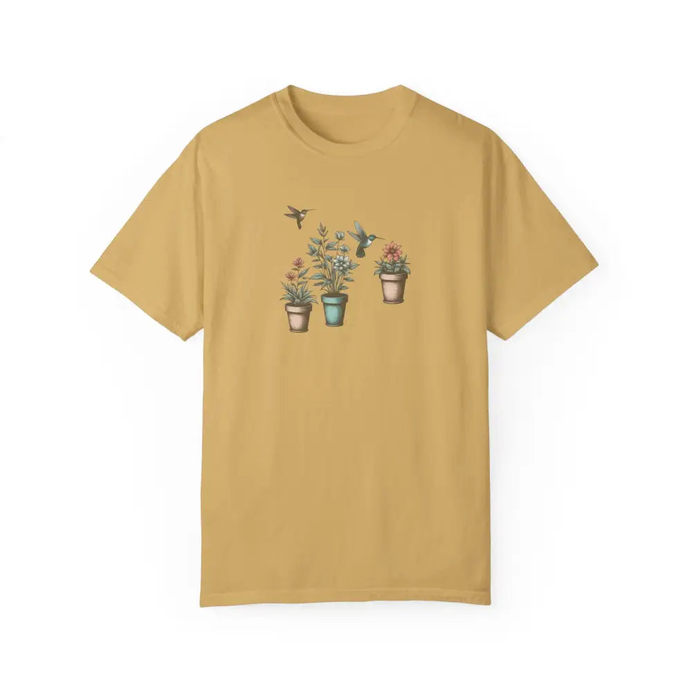 Mustard yellow hummingbirds comfort tee with potted plants graphic, USA-made
