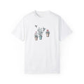White Hummingbirds Comfort Tee with Potted Plants and Birds Graphic