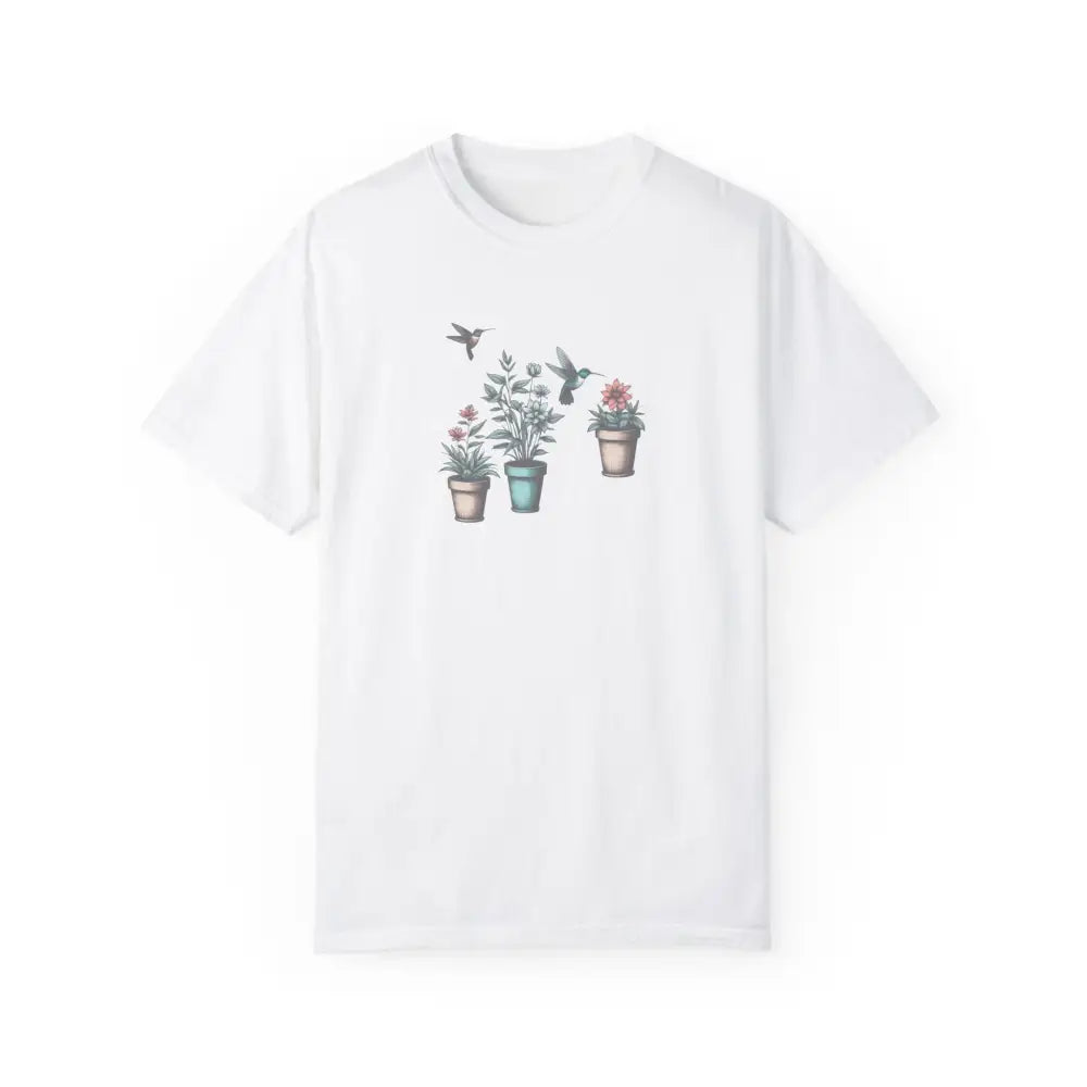White Hummingbirds Comfort Tee with Potted Plants and Birds Graphic