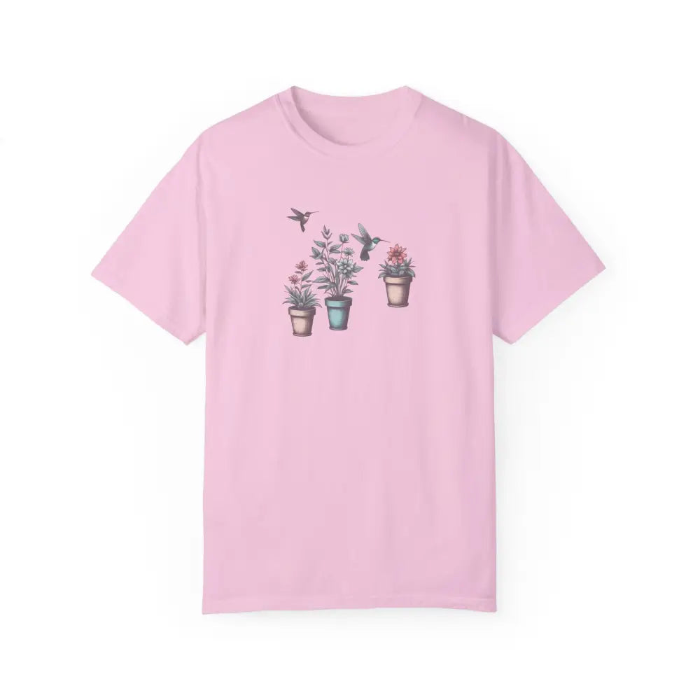 Light pink hummingbirds comfort tee with potted plants graphic