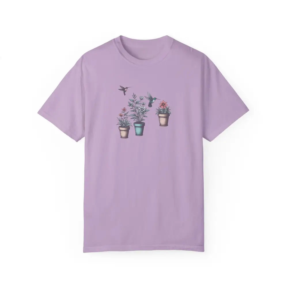 Light purple hummingbirds comfort tee with plants design, USA-made