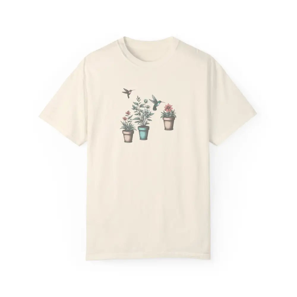 Cream-colored USA-made hummingbirds comfort tee with potted plant graphic
