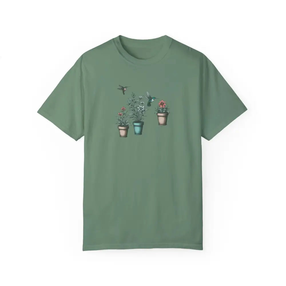 Sage green hummingbirds comfort tee with potted plant design