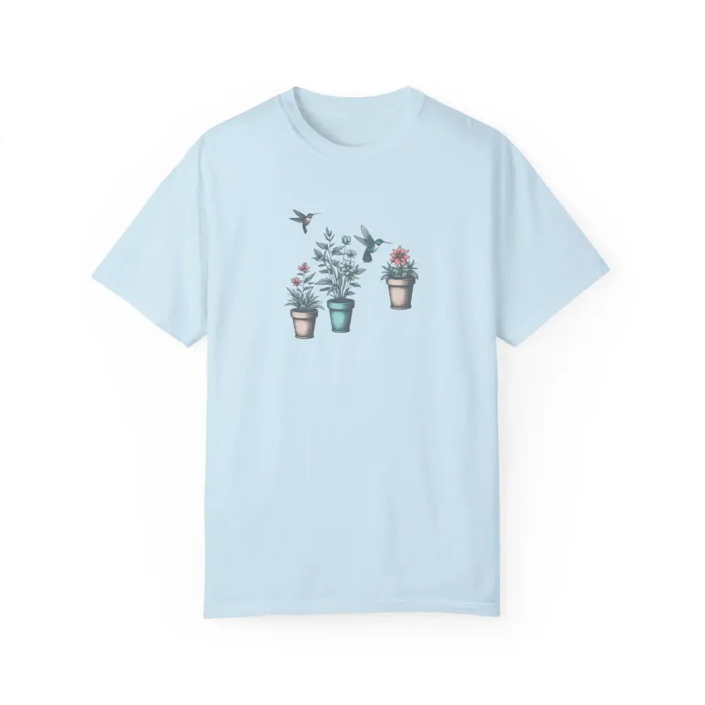 Light blue hummingbirds comfort tee with potted plants design