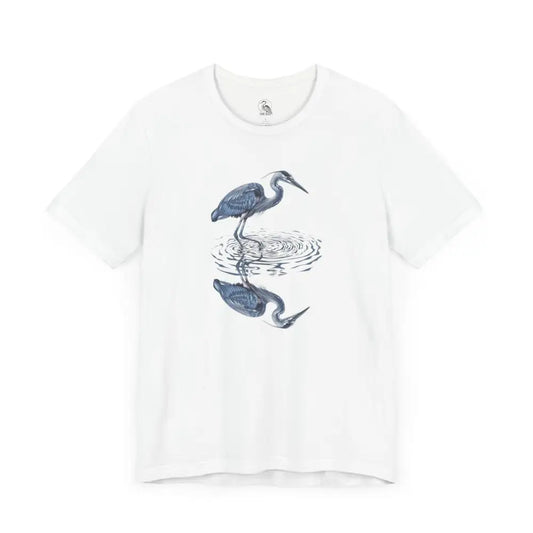 White short-sleeved reflection graphic t-shirt with beautifully detailed heron