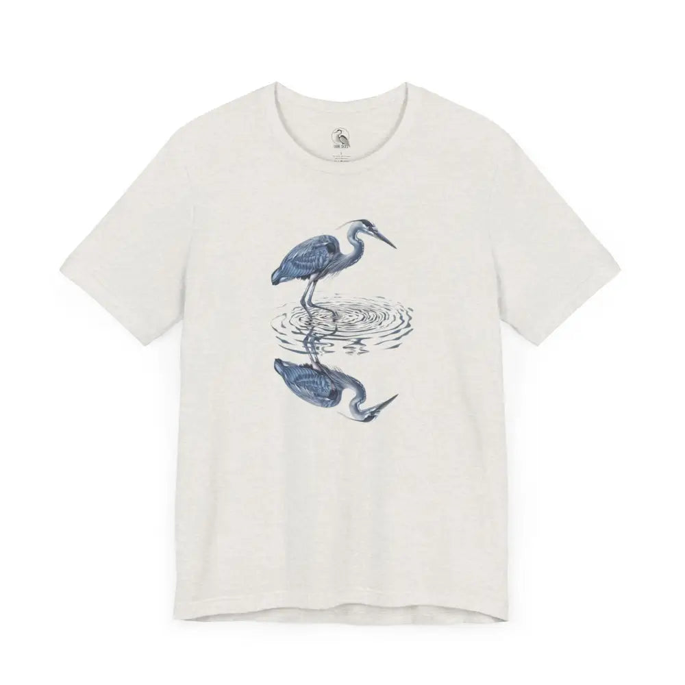 White reflection graphic t-shirt with beautifully detailed heron and water reflection