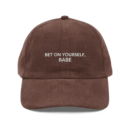 Bet on Yourself Babe Embroidered Vintage Corduroy Cap - Brown - Hats brown corduroy baseball cap white 1