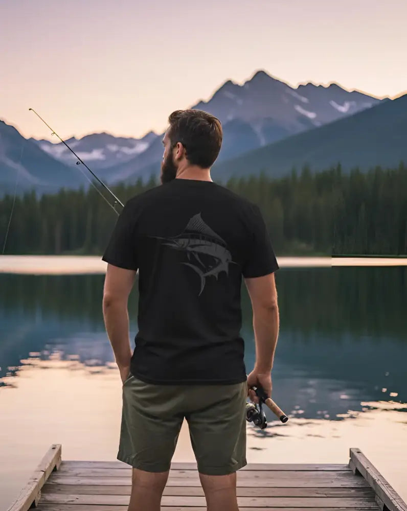 Black marlin graphic on back of big game fishing t-shirt, marlin tee husband gift