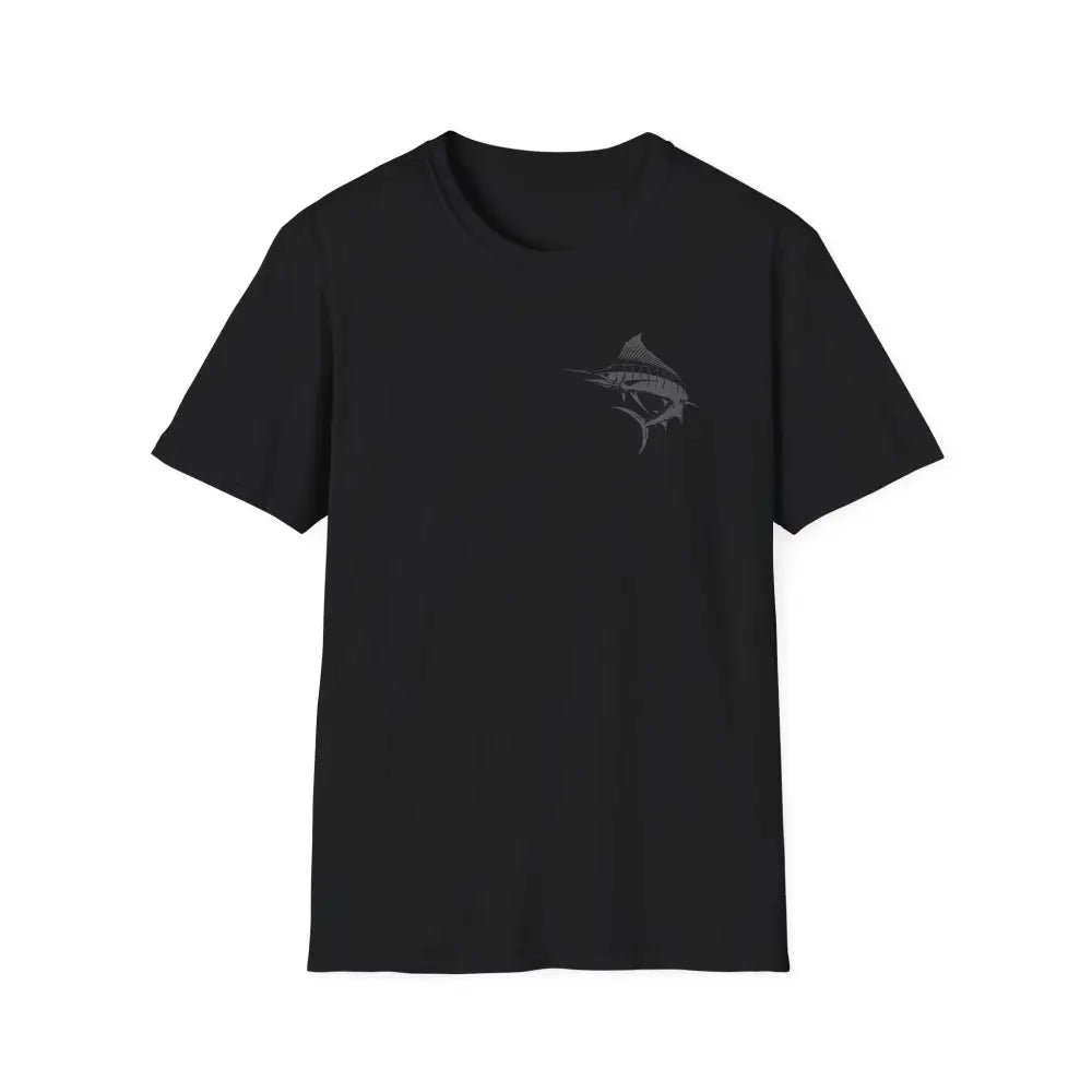 Black short-sleeved marlin tee for big game fishing husband gift