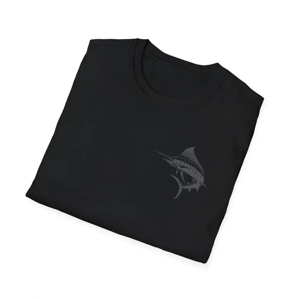 Black short-sleeved marlin tee for big game fishing husband gift