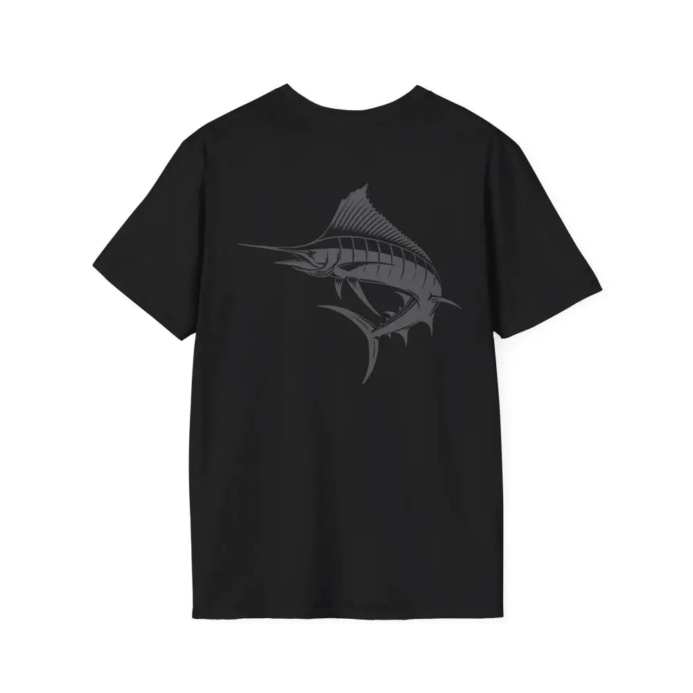 Black marlin graphic on game fishing t-shirt, marlin tee husband gift