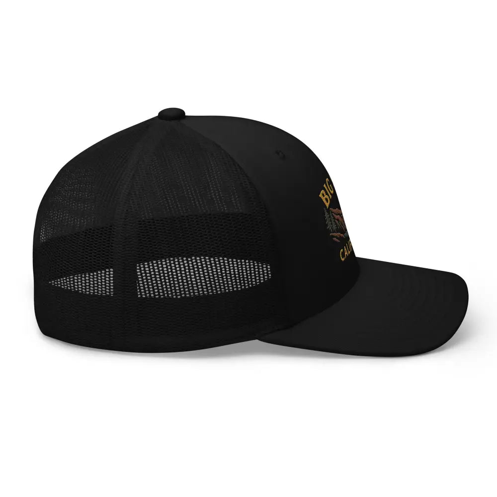 Black mesh-back trucker hat with embroidered Big Sur California design Yupoong snapback mesh