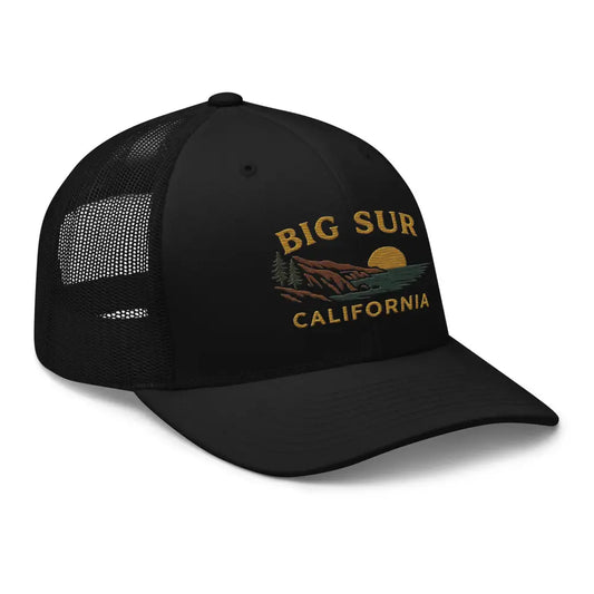 Black mesh-back trucker hat with embroidered Big Sur California design Yupoong snapback mesh