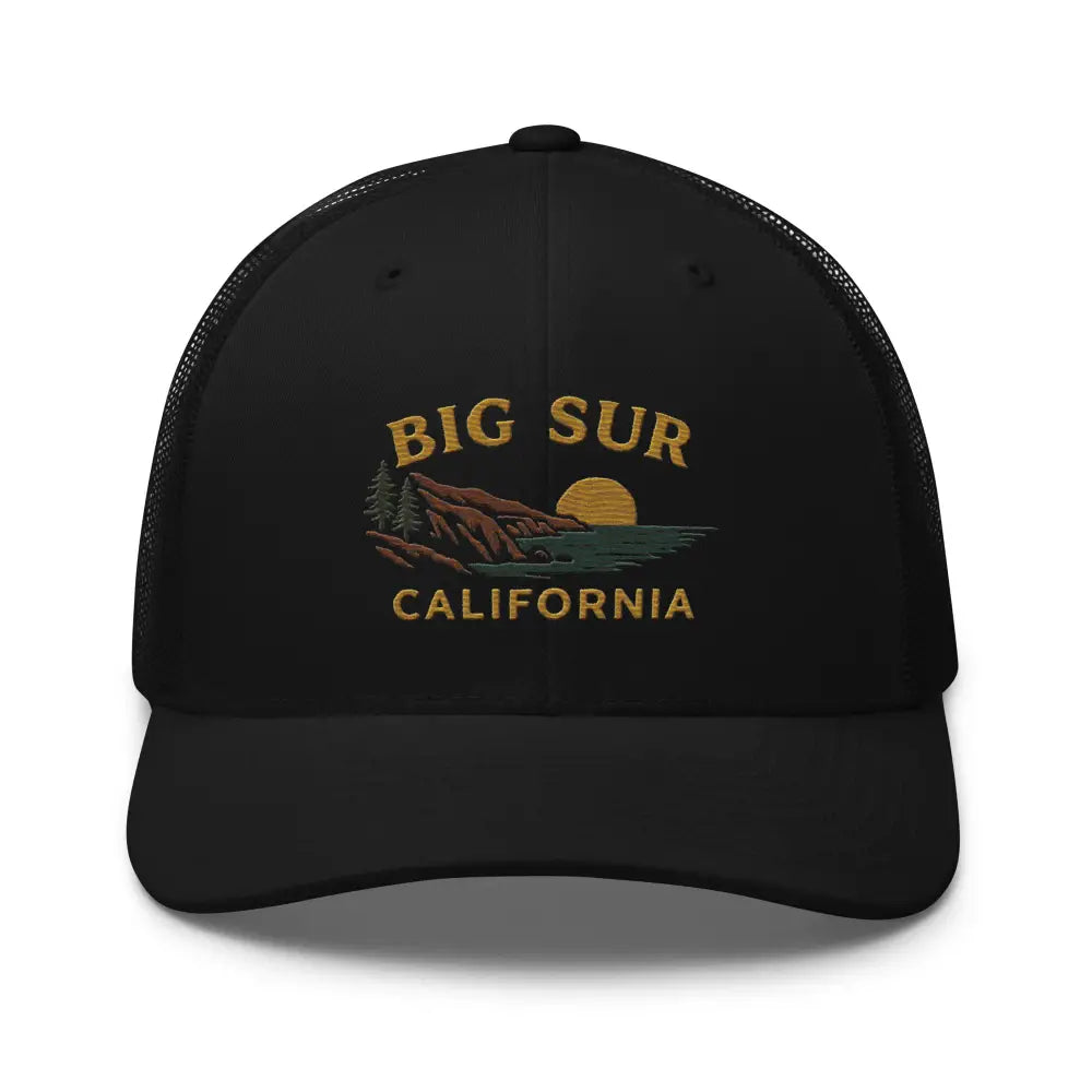 Black trucker hat with embroidered Big Sur California landscape design Yupoong snapback mesh