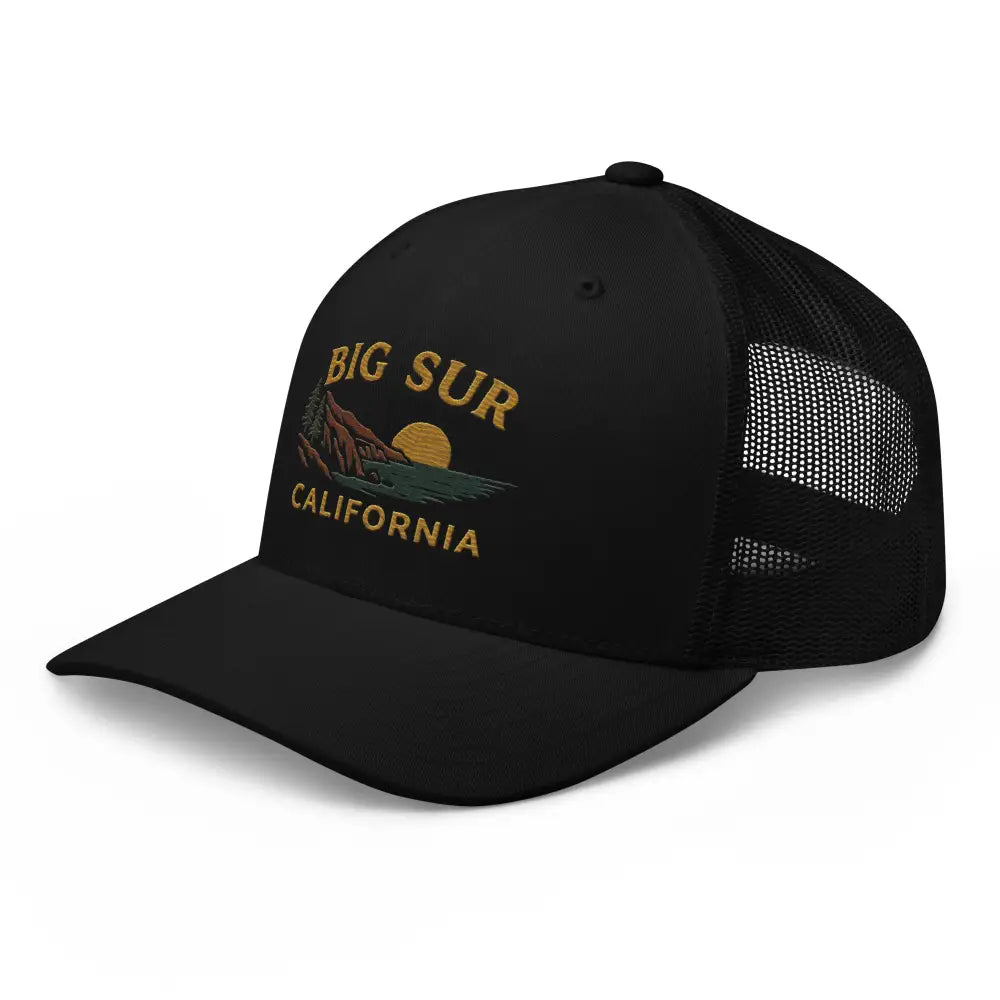 Black embroidered trucker hat featuring Big Sur California design on Yupoong snapback mesh