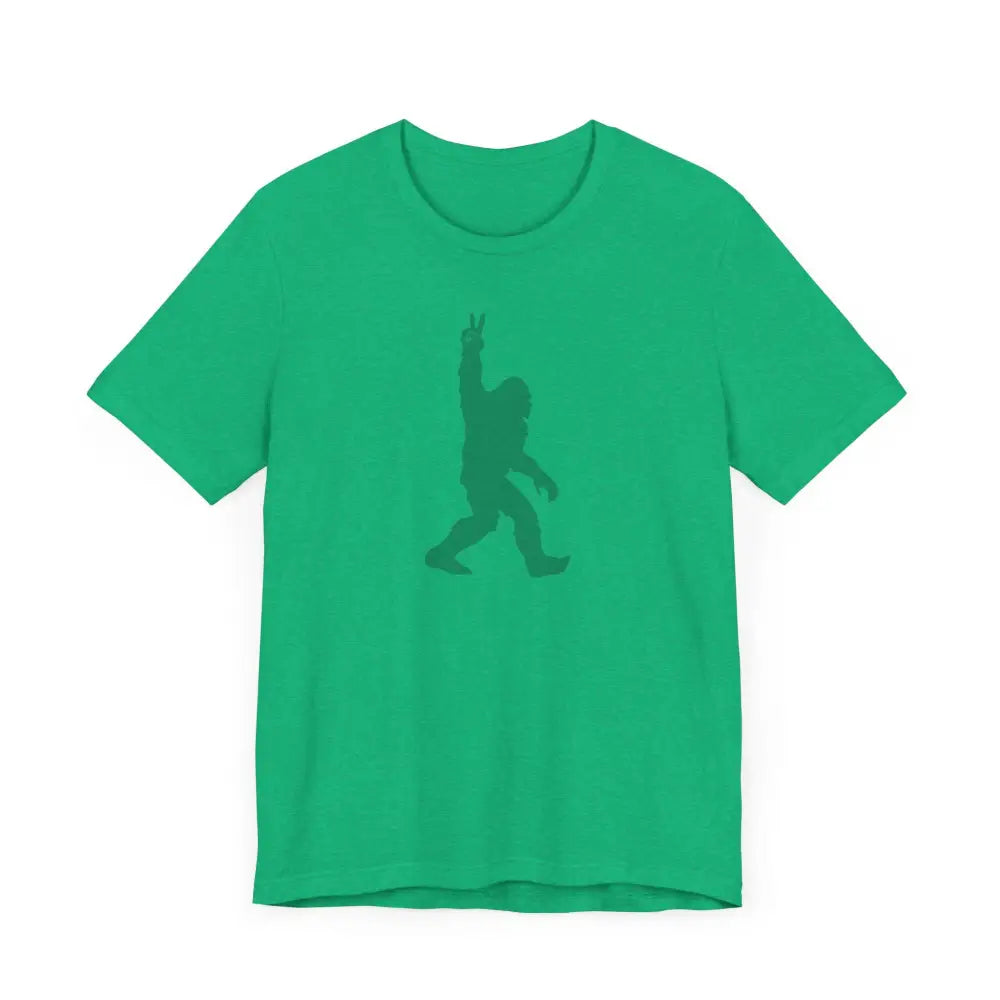 Bigfoot Legendary Journey green t-shirt with peace sign graphic