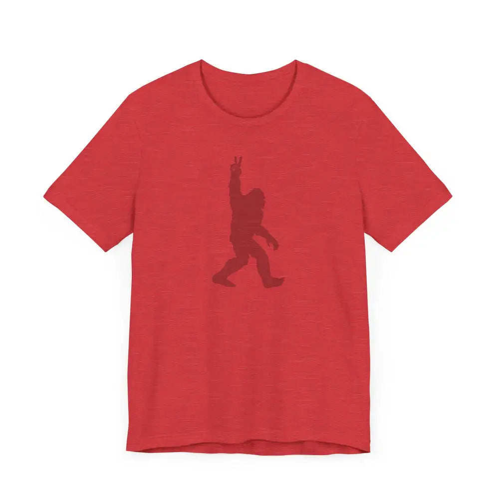 Bigfoot legendary journey red crew-neck tee with peace sign silhouette