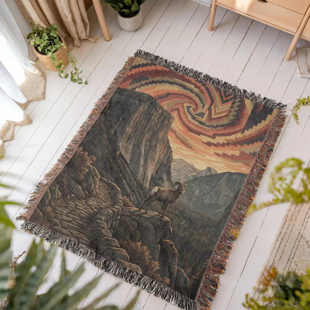 Bighorn sheep woven cotton blanket with mountain wildlife throw design