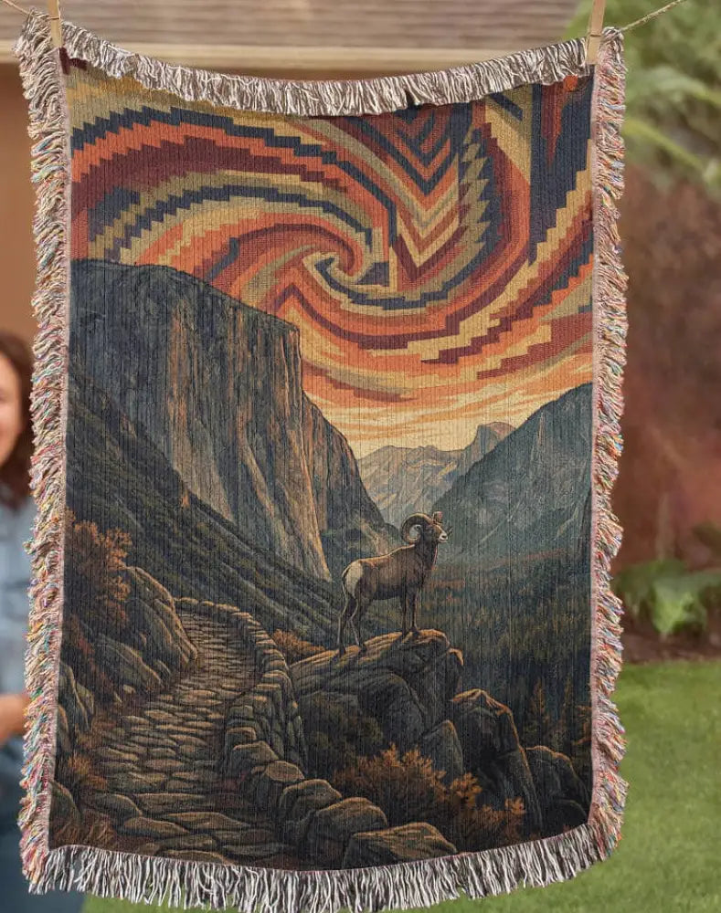 Bighorn sheep woven cotton blanket with mountain wildlife throw design