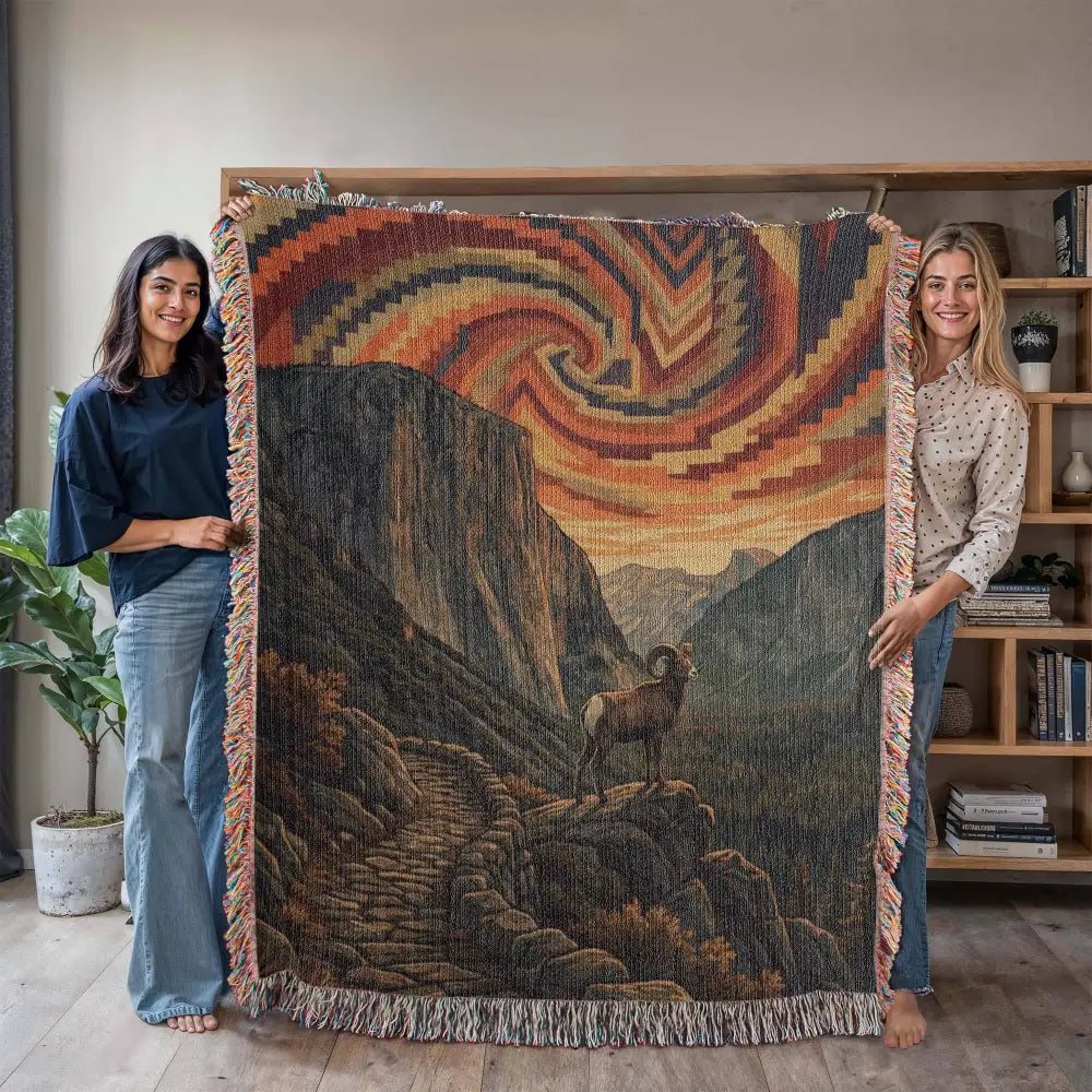 Bighorn sheep woven cotton blanket with mountain wildlife throw landscape