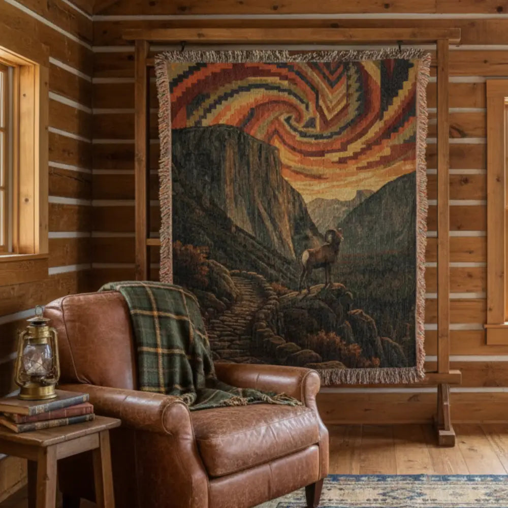 Bighorn sheep woven cotton blanket with mountain wildlife throw landscape