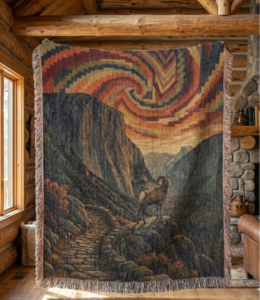 Bighorn sheep woven cotton blanket with ram on rocky terrain under colorful sky