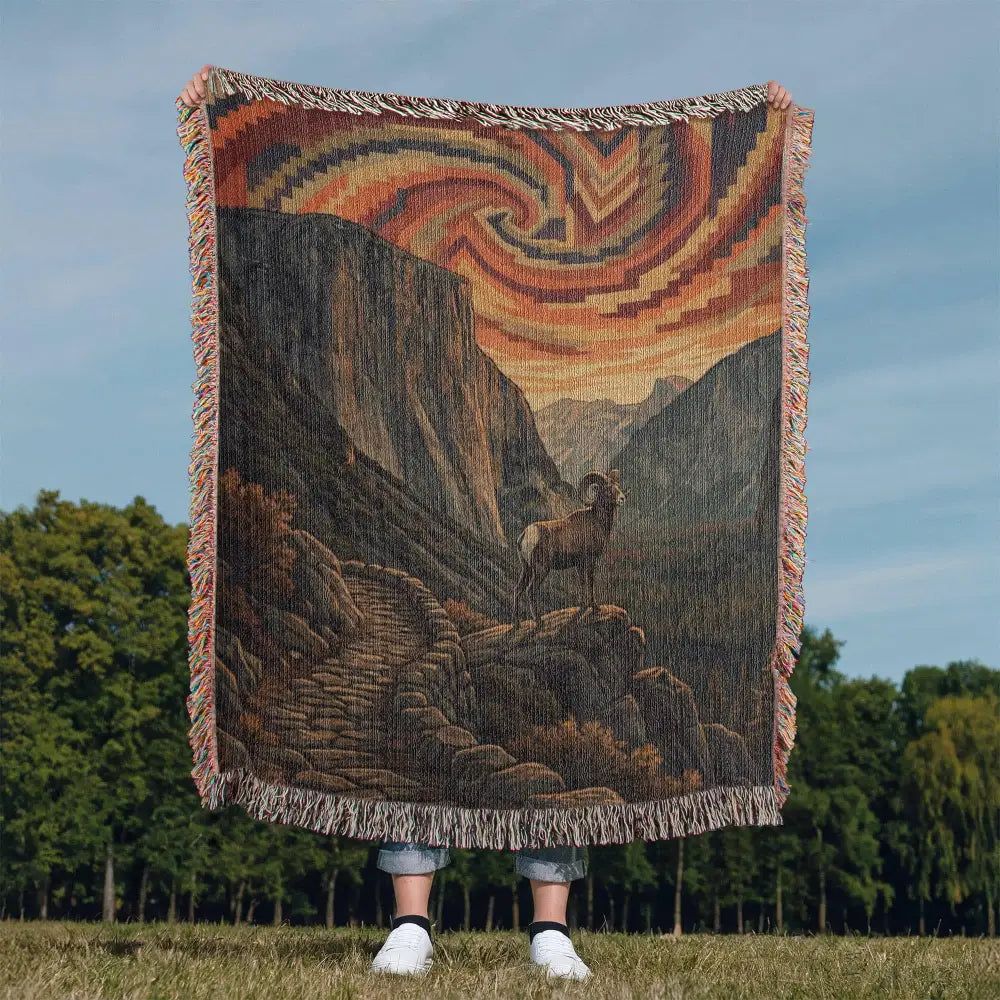 Bighorn sheep woven cotton blanket with mountain wildlife throw landscape