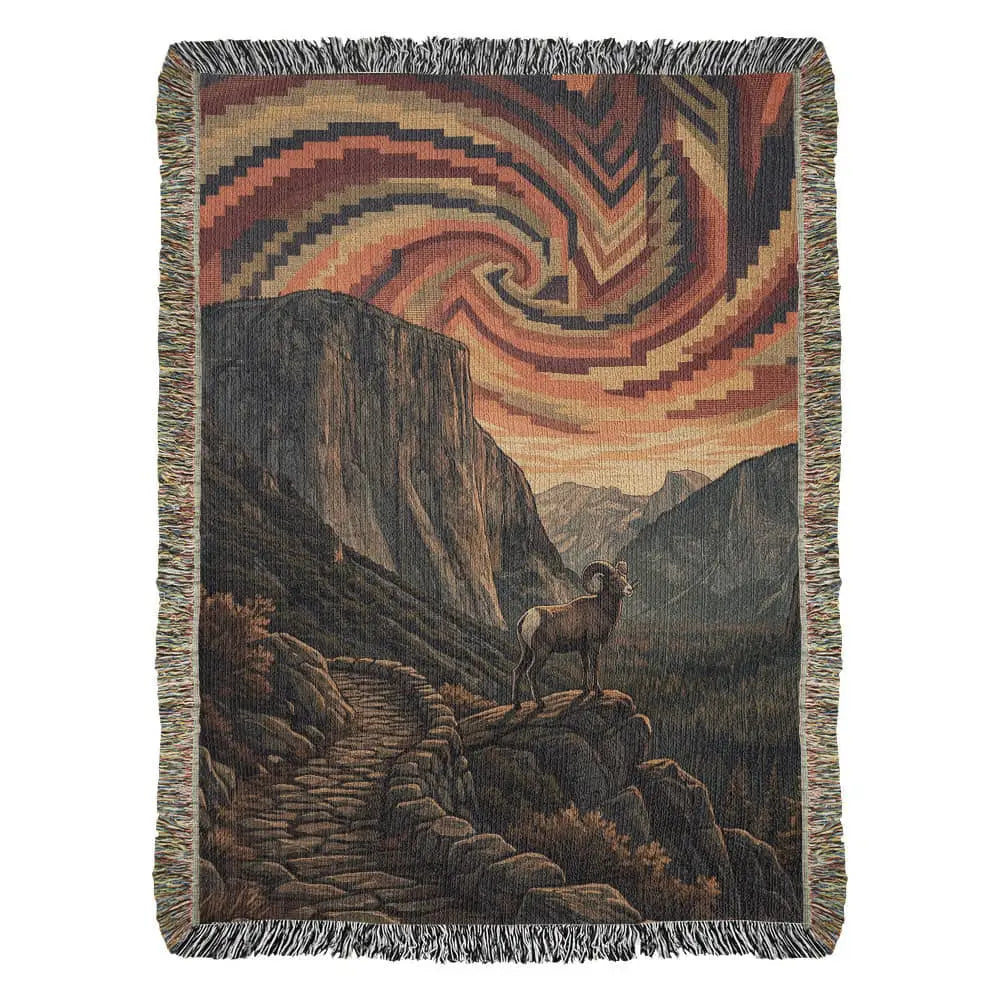 Bighorn sheep woven cotton blanket with ram on rocky terrain under swirling orange sky