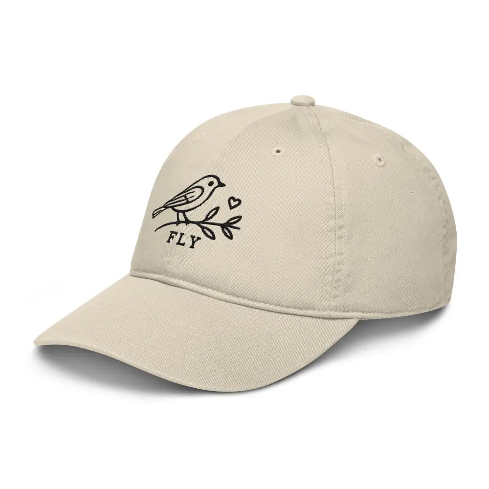 Beige embroidered cotton dad hat with black bird on branch and heart