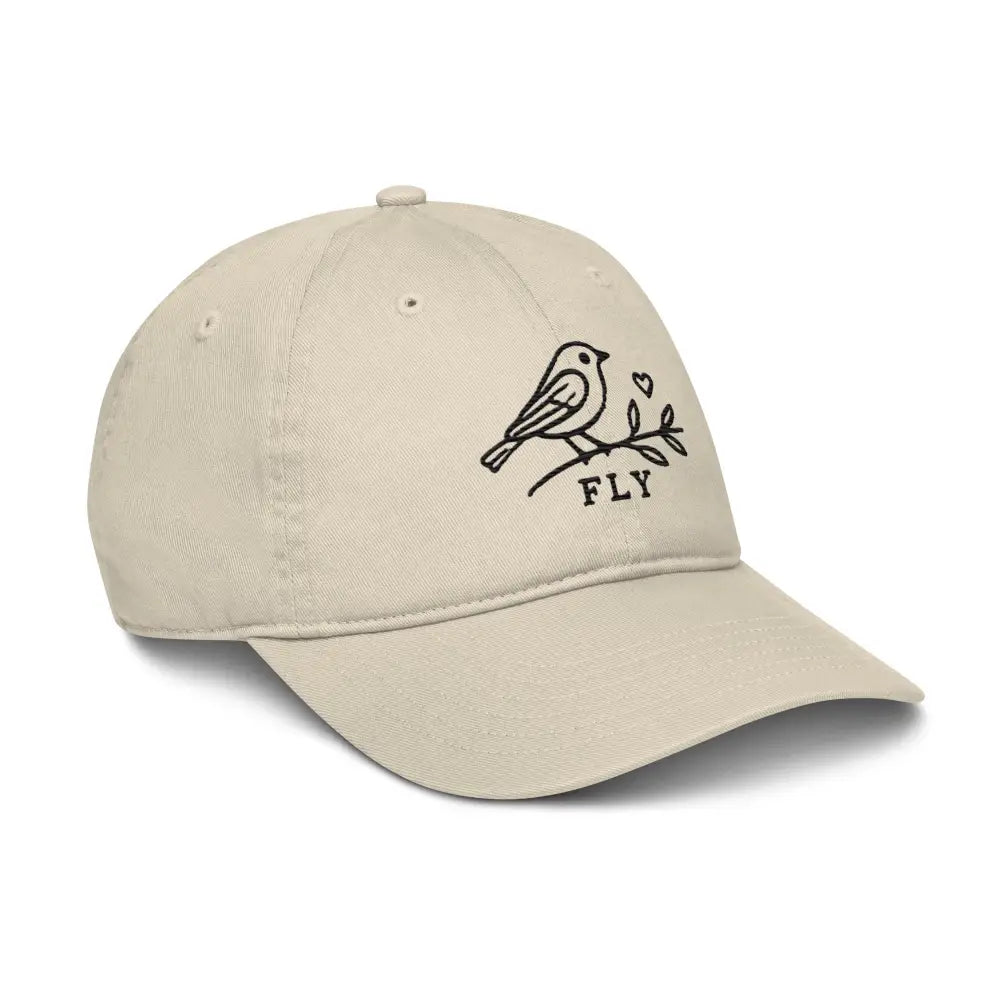 Light beige Trini Skies cotton dad hat with embroidered bird on branch and hearts
