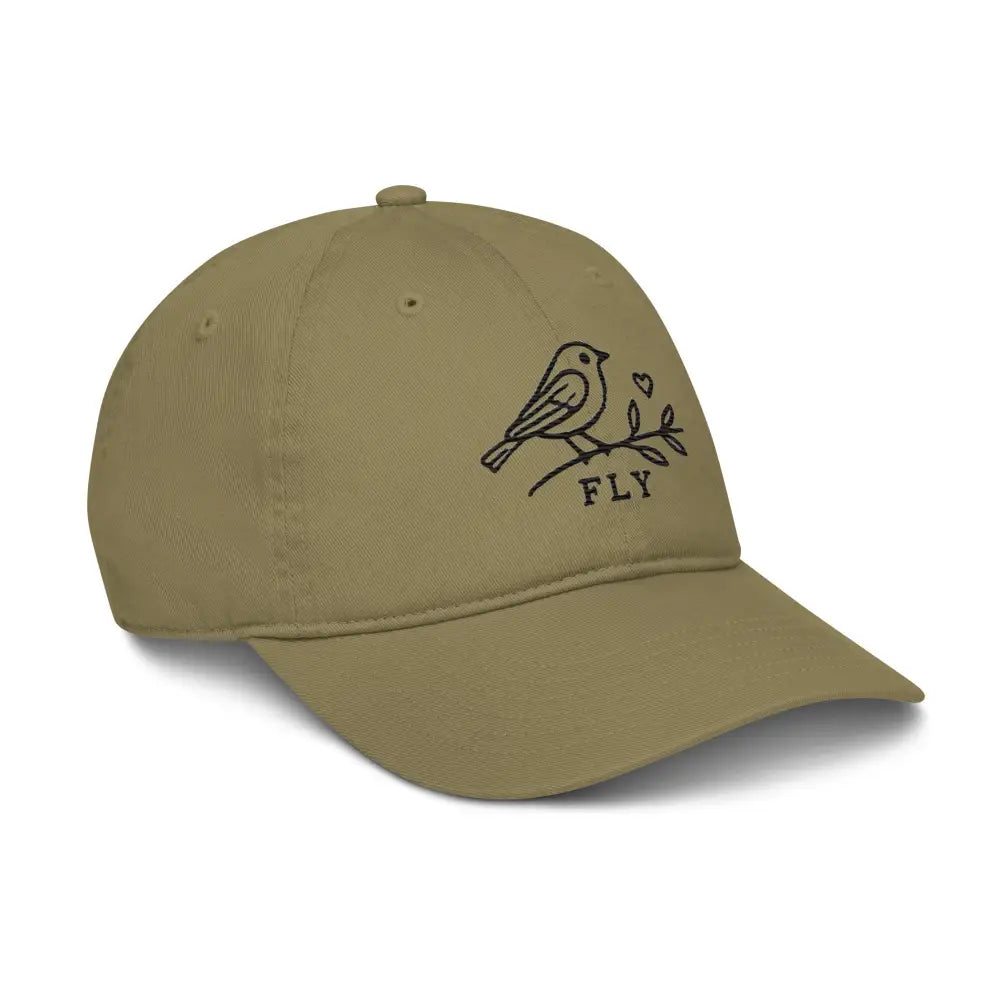 Khaki cotton dad hat with embroidered bird and branch design